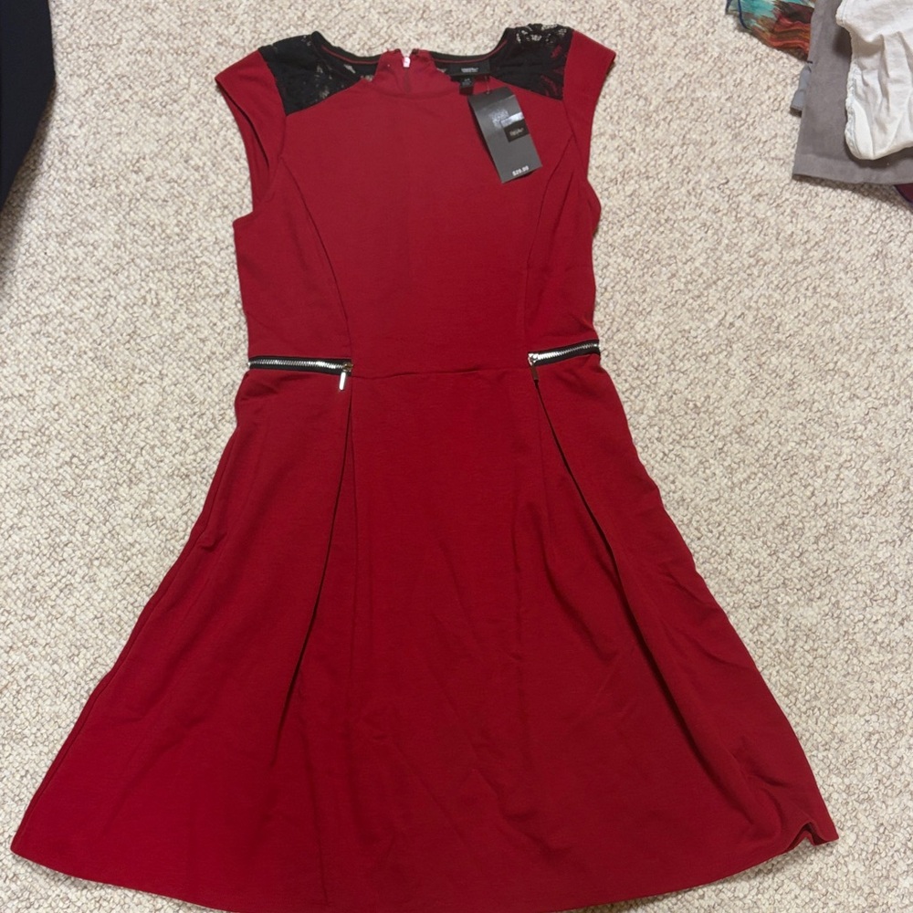 Mi Red Midi Dress with Black Lace Accents